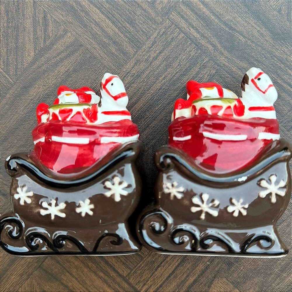 Christmas Sleigh Toy Sack Salt and Pepper Shakers Ceramic Holiday Decor Set